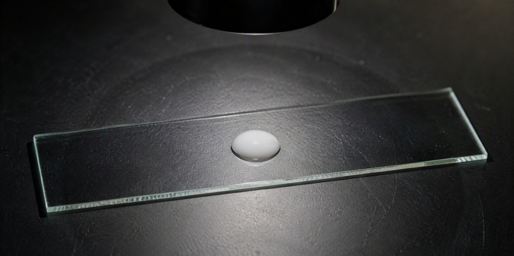 A droplet of white silica calibration suspension on a glass microscope slide.