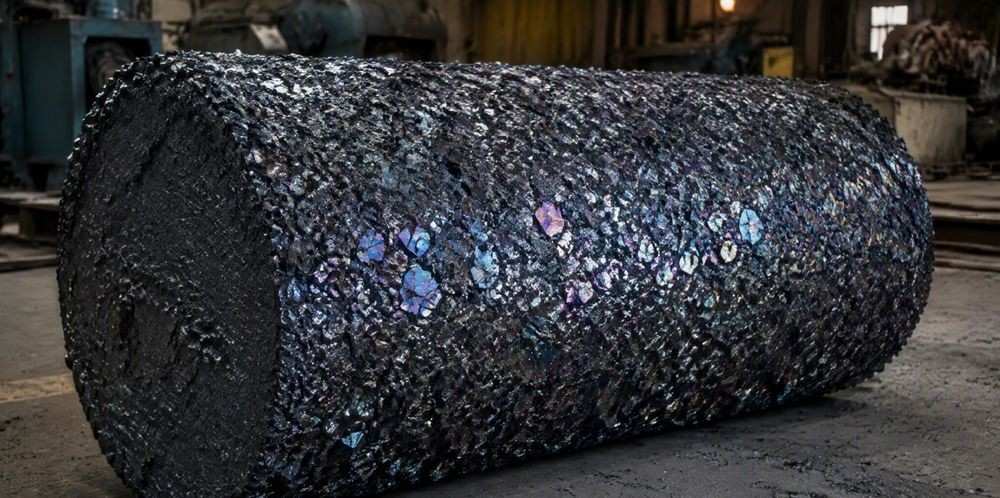 A dark crystalline silicon carbide ingot resting on a factory floor.