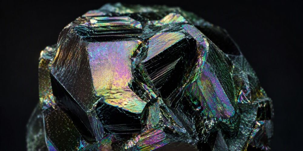 A faceted silicon carbide crystal shimmering with rainbow colors on a black background.