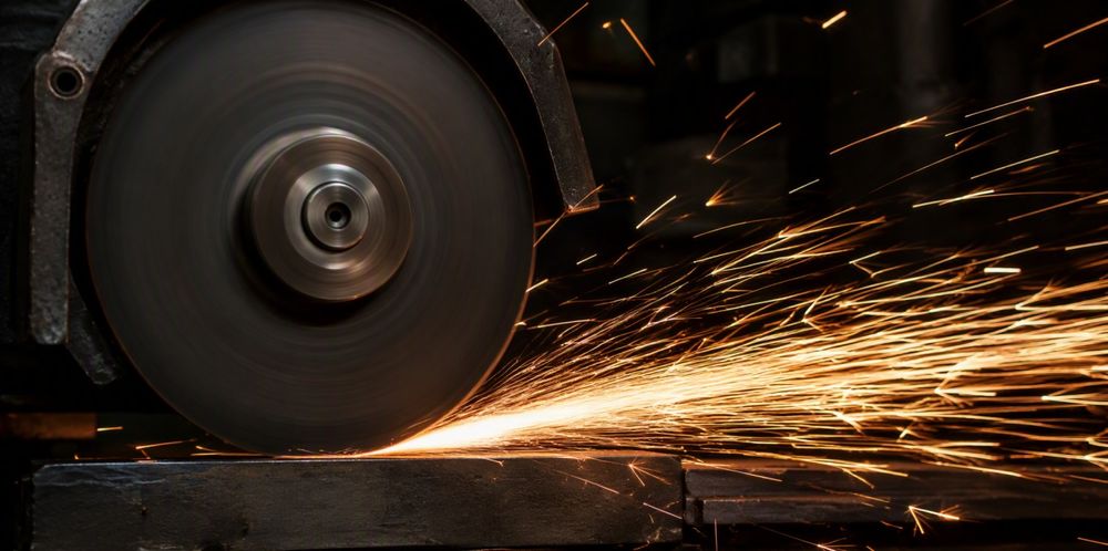 A spinning grinding wheel throwing a bright fan of orange sparks.