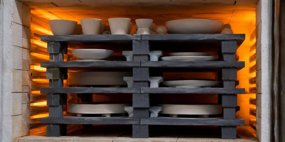Dark refractory plates and beams stacked with ceramic pieces inside a glowing kiln.