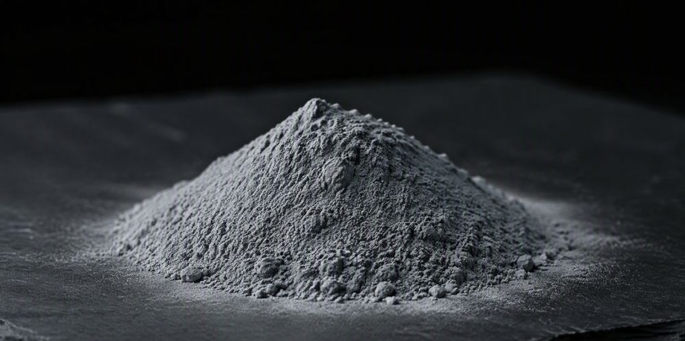 A mound of fine gray ceramic powder resting on a dark slate surface.