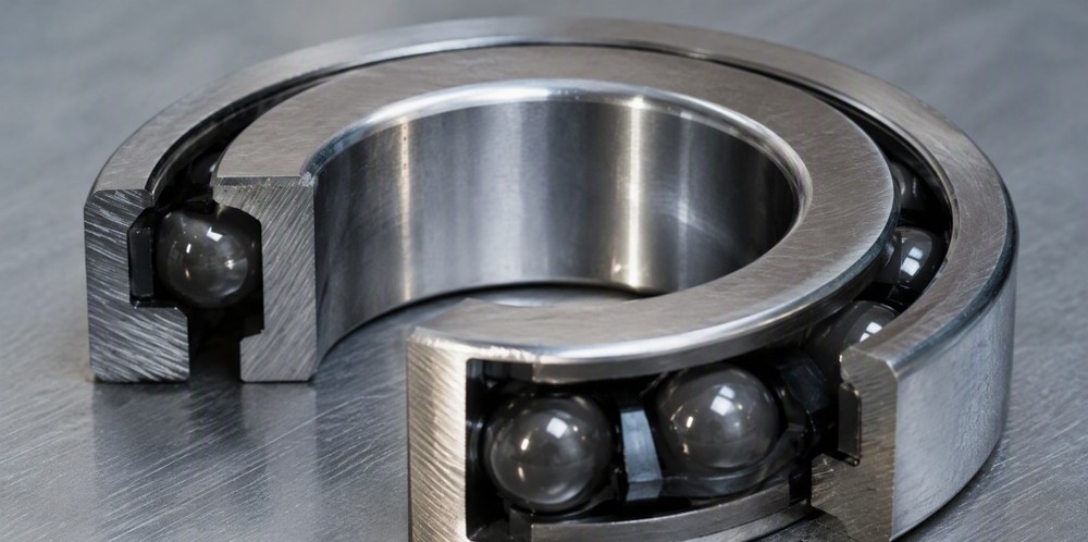 A cutaway steel bearing revealing dark ceramic balls between polished races.