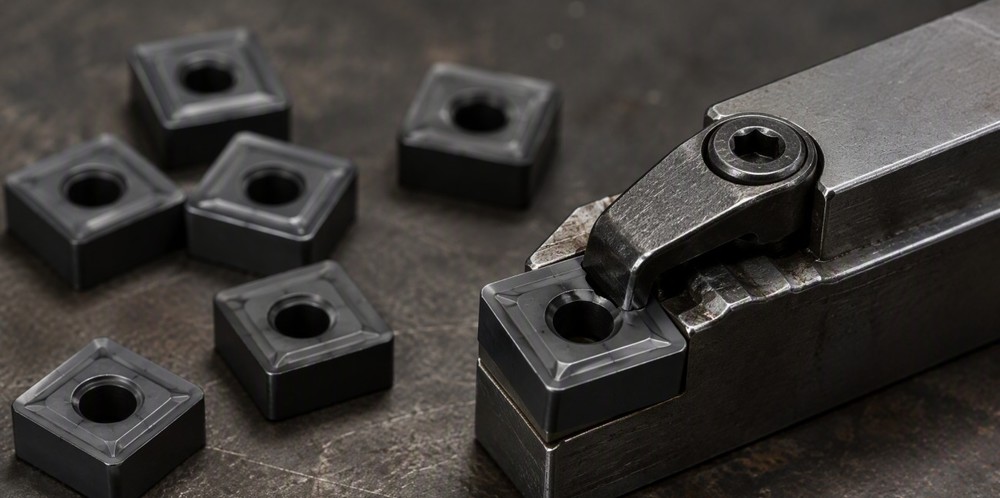 Dark gray square ceramic cutting inserts arranged beside a steel tool holder.