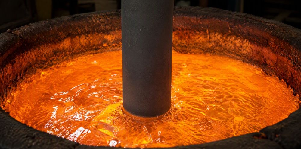 A matte ceramic tube dipping into a bath of glowing molten aluminum.