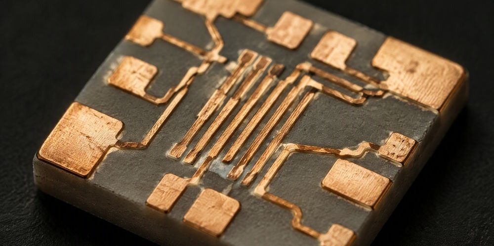 A square gray ceramic substrate carrying a pattern of polished copper tracks.