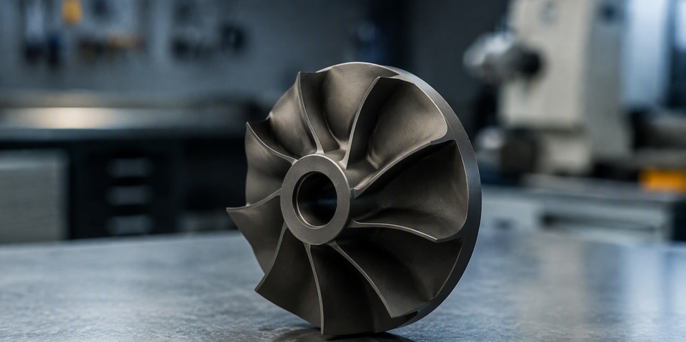 A dark ceramic turbine wheel with curved blades on a workshop bench.