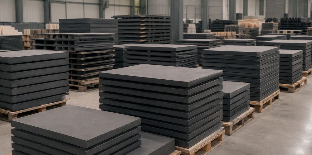 Stacks of dark gray refractory kiln shelves stored in a warehouse.