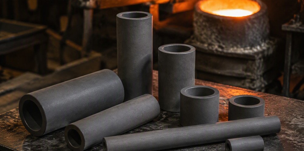 Dark ceramic protection tubes and sleeves arranged on a foundry workbench.