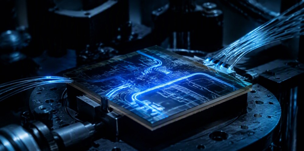 A photonic chip with a glowing blue light path on a laboratory stage.