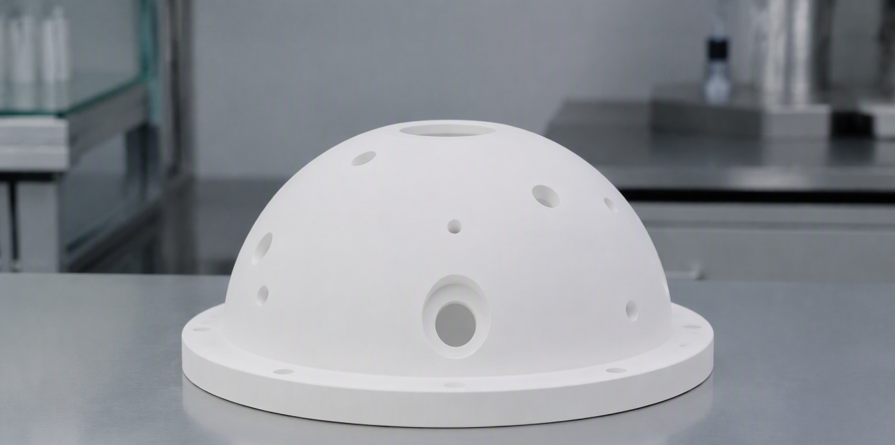 A smooth white ceramic dome resting on a laboratory bench.