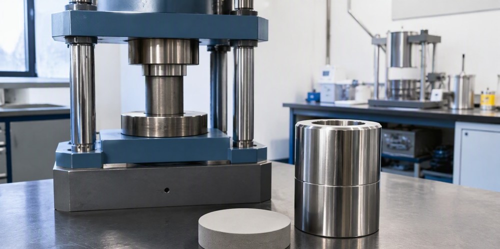 A hydraulic laboratory press beside a steel die and a pressed gray ceramic disc.