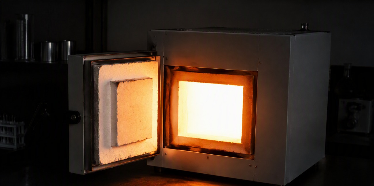 A compact laboratory furnace with its door open revealing a white-hot chamber.