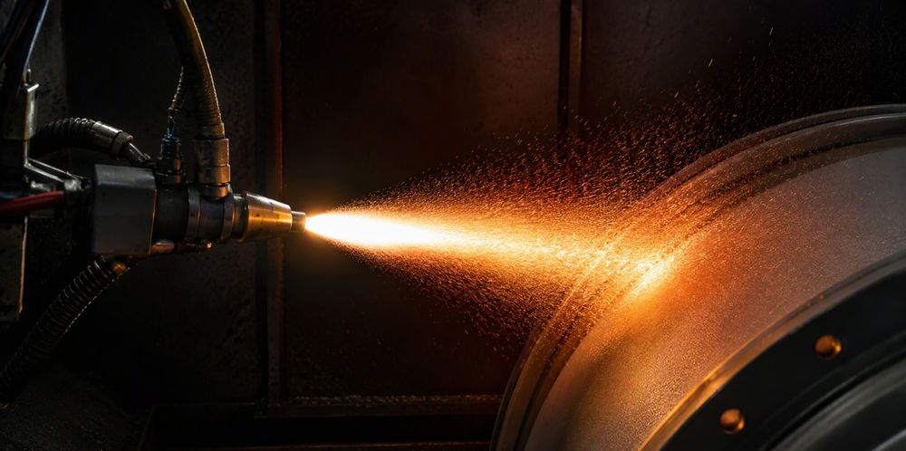 A spray torch projecting a bright jet of molten particles onto a metal part.