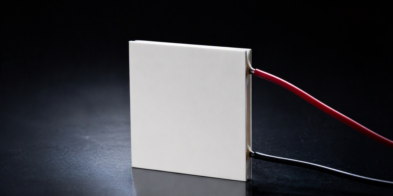 A small square thermoelectric module with white ceramic faces standing on a dark surface.