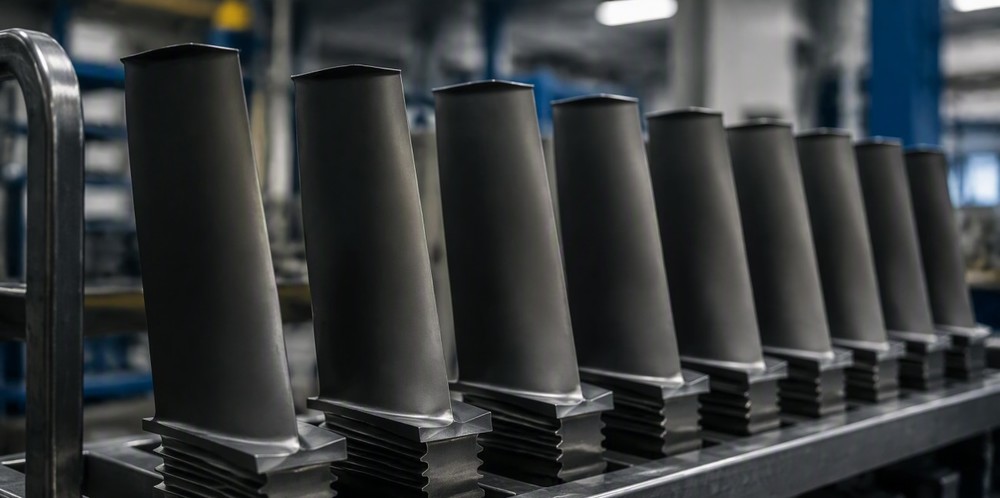 A row of coated metallic turbine blades standing in a rack.