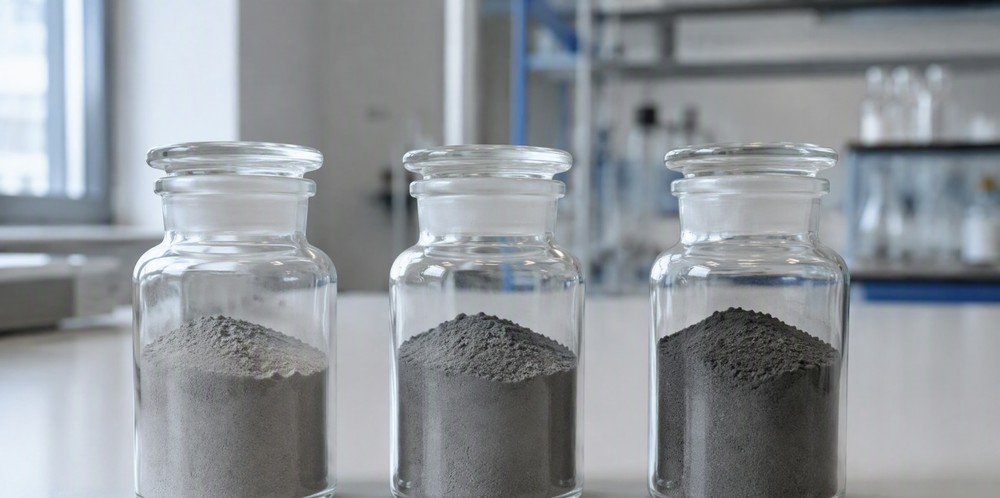 Three glass jars holding gray metallic powders on a laboratory bench.