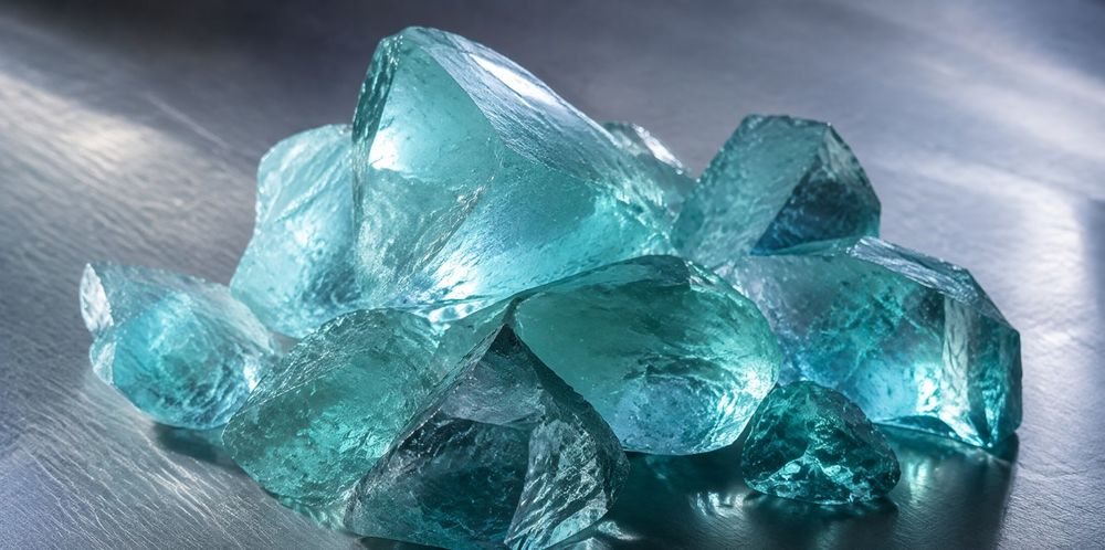 Translucent blue-green glassy lumps of solid sodium silicate on a metal surface.