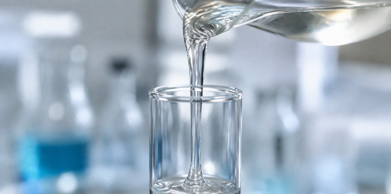 A thick clear liquid pouring slowly into a tall glass laboratory cylinder.