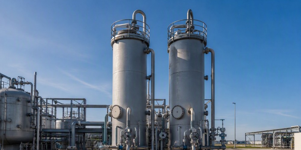 Two tall steel adsorption towers standing on an industrial plant site.