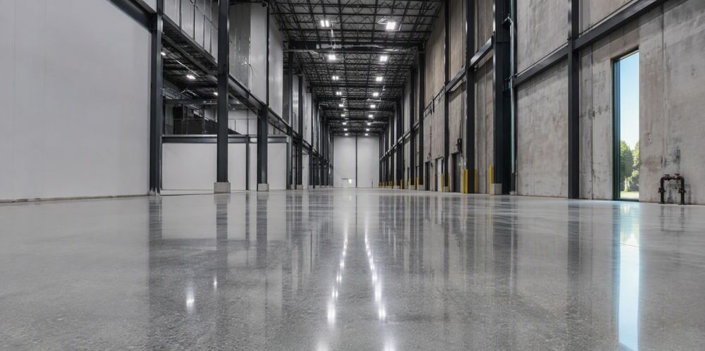 A glossy polished concrete warehouse floor reflecting rows of ceiling lights.
