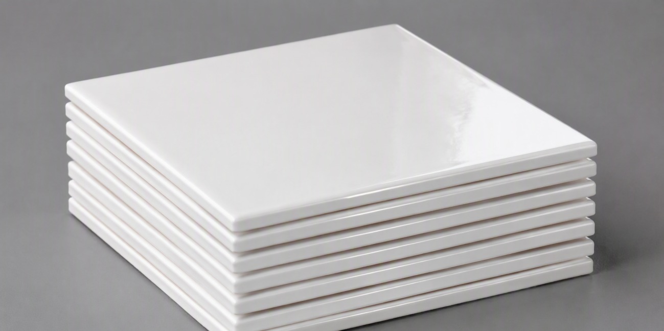A stack of glossy white glazed ceramic tiles on a gray background.