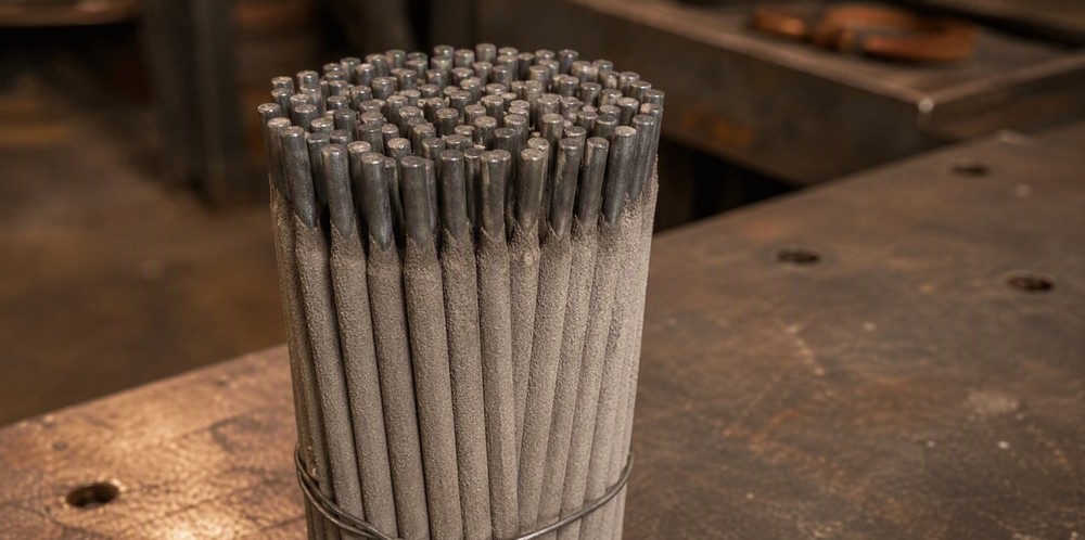 A bundle of flux-coated welding rods standing upright on a steel bench.