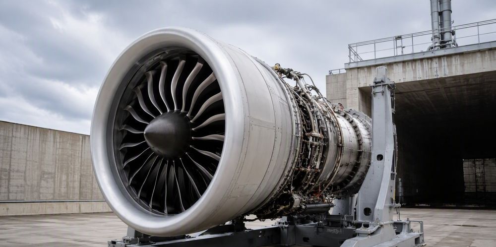 A large turbofan engine mounted on an outdoor concrete test stand.