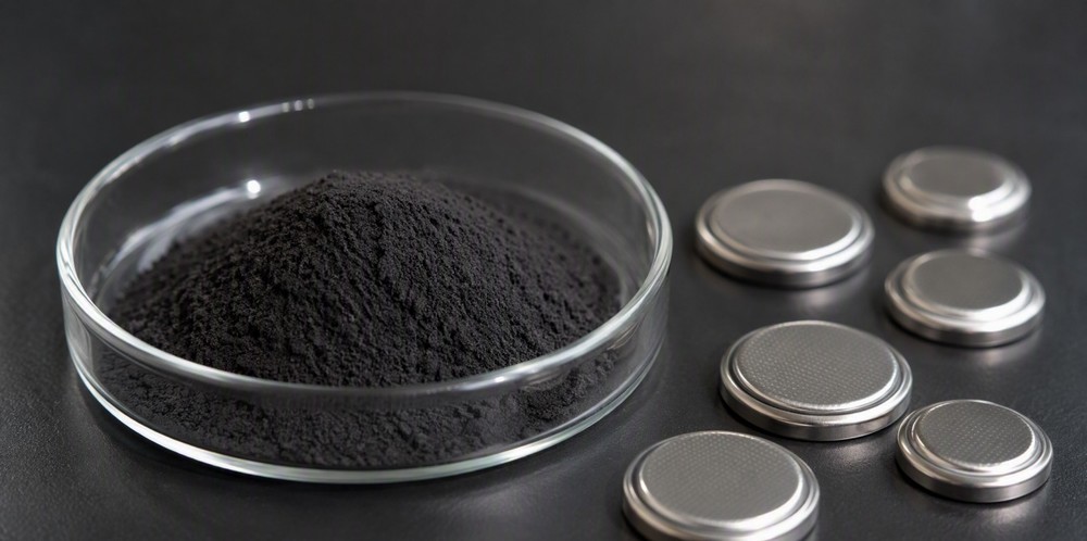 Black powder in a glass dish beside small round silver test cells.