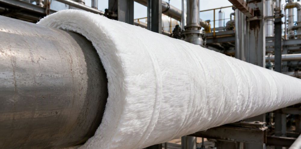A white flexible insulation blanket wrapped around a steel pipeline.
