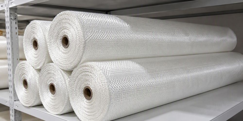 Rolls of white woven fiber cloth stacked on a warehouse shelf.