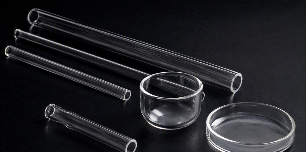 Clear fused quartz tubes, crucible, and dish arranged on a dark surface with rim lighting.