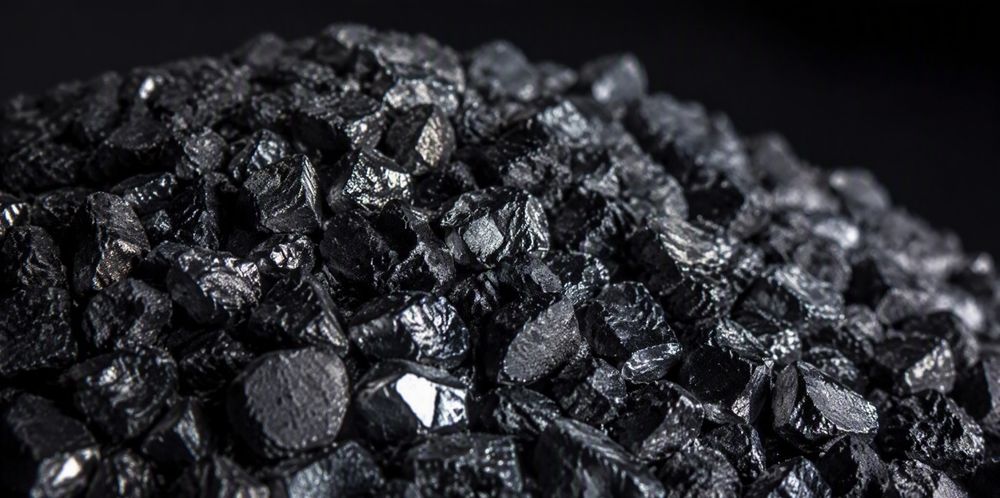 A heap of angular black silicon carbide abrasive grit grains glittering under side lighting.