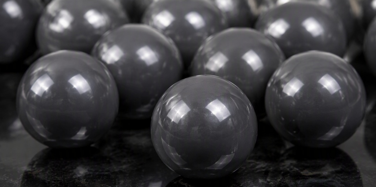 A group of polished dark gray silicon nitride ceramic bearing balls on a reflective surface.