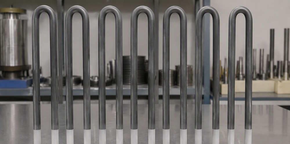 U-shaped molybdenum disilicide heating elements standing upright in a row on a workshop bench.