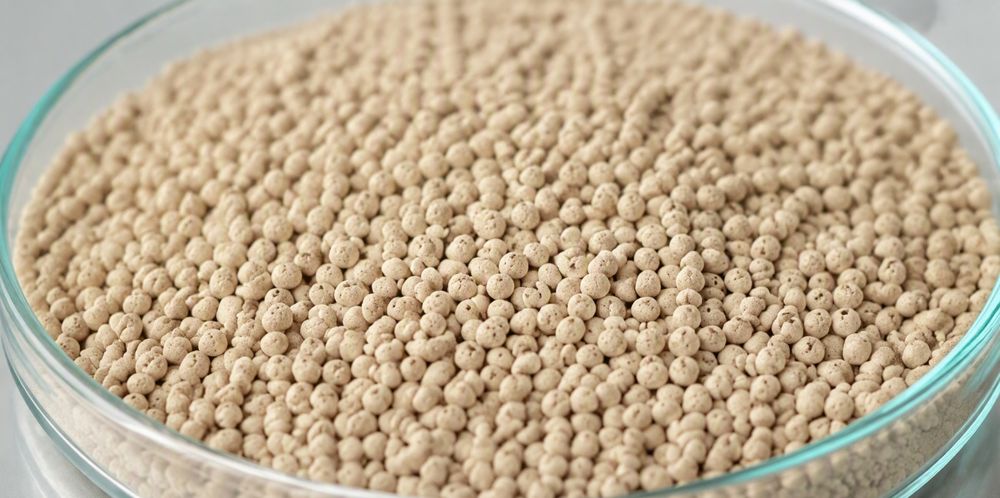 Beige spherical zeolite molecular sieve beads filling a clear glass laboratory dish.