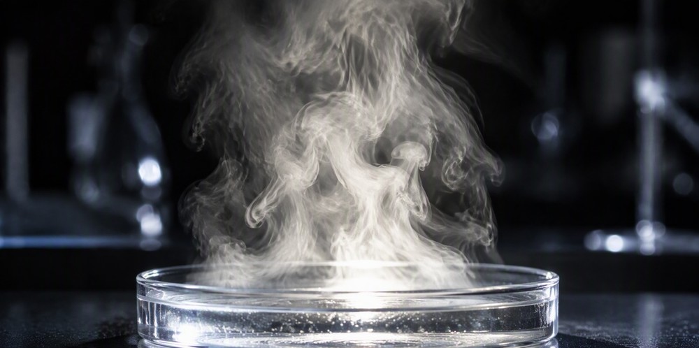 Wisps of white vapor rising from clear liquid in a glass dish.