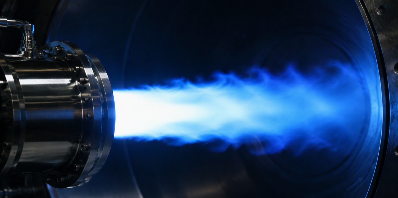 A bright blue-white flame jetting from an industrial steel burner nozzle.