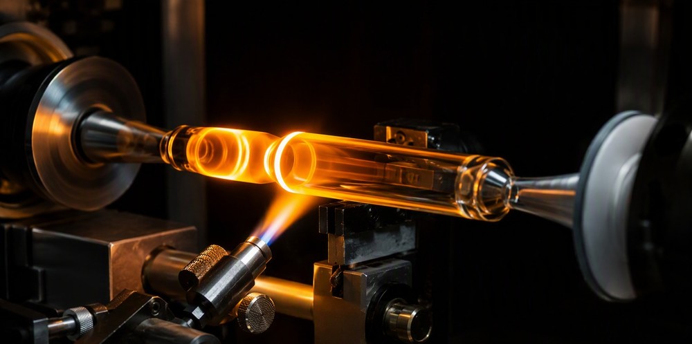 An orange-glowing glass tube spinning on a lathe beside a torch.