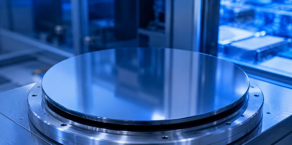 A round mirror-like silicon wafer resting on a metal chuck.