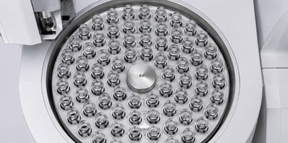 Dozens of small glass vials arranged in a circular sampler tray.