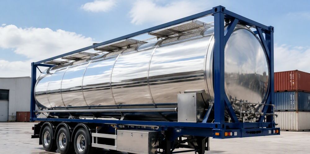 A shiny cylindrical tank container on a trailer frame in a depot.