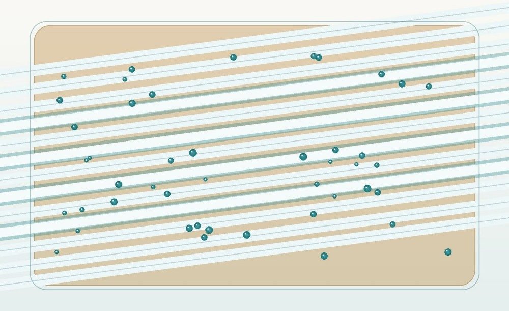 Close-up illustration of glass fibers embedded in epoxy with a distinct functionalized interfacial region around the fibers.