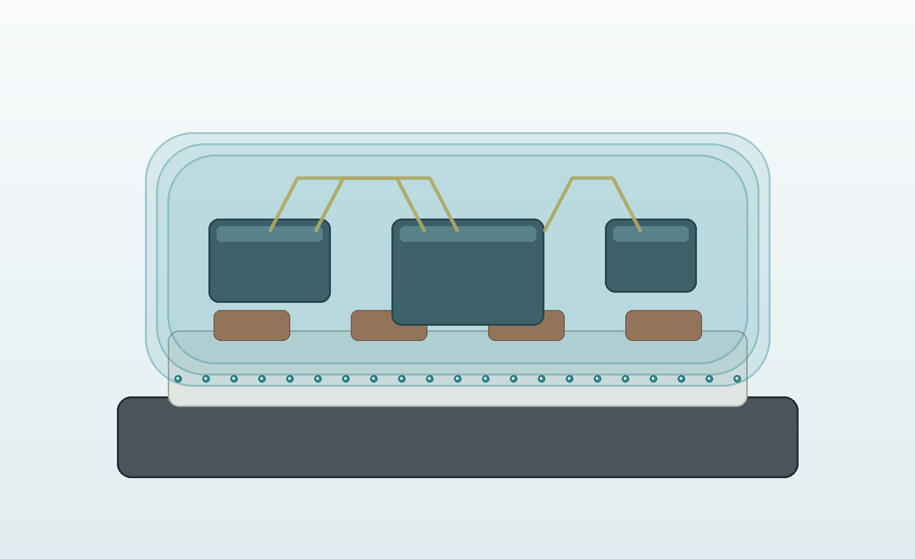 Power module components covered by a protective resin layer above ceramic and metal substrate layers, illustrating interface-rich encapsulation.