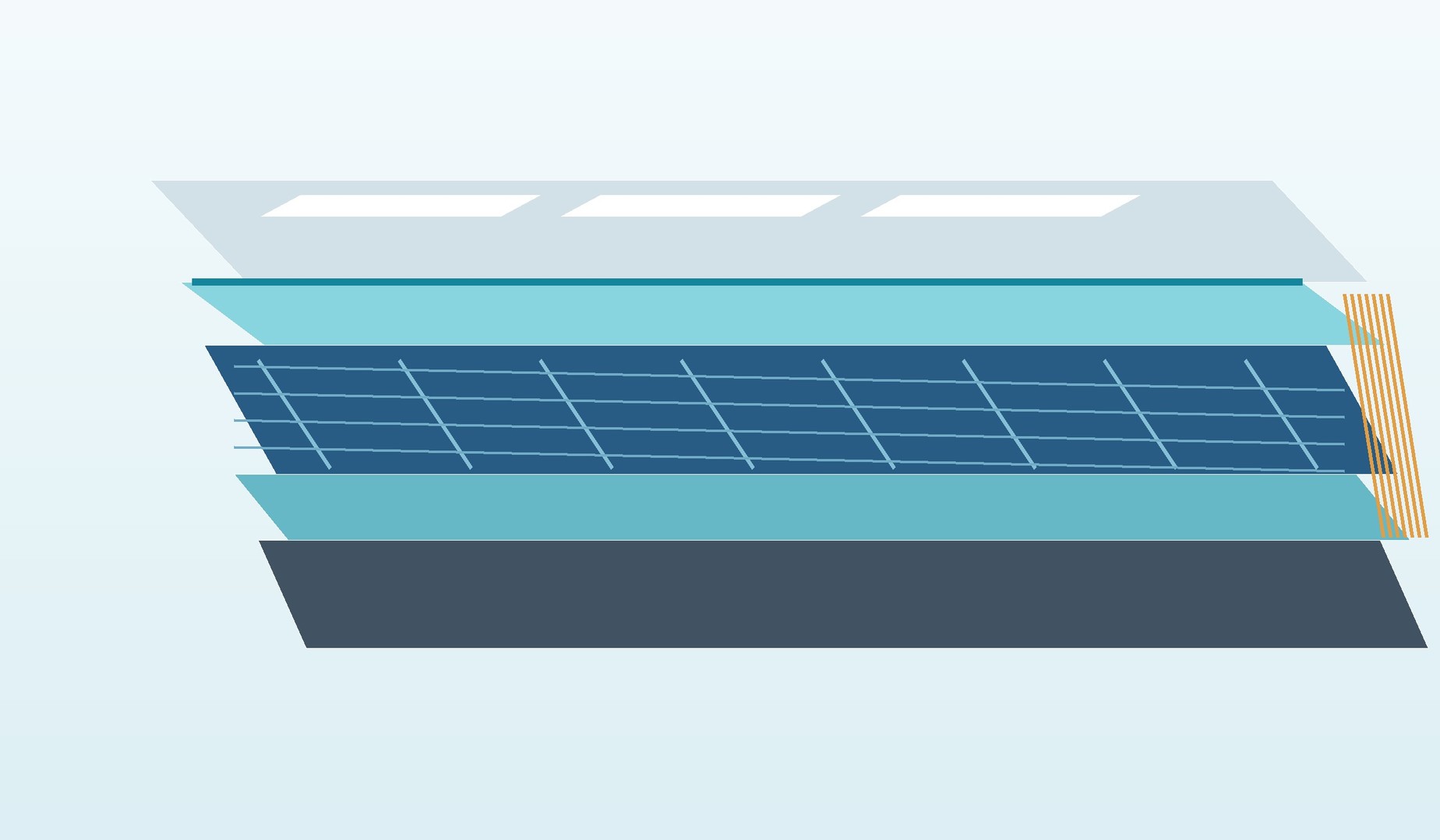 Perspective cross-section of a photovoltaic laminate with glass, encapsulant, cell and back-layer interfaces.