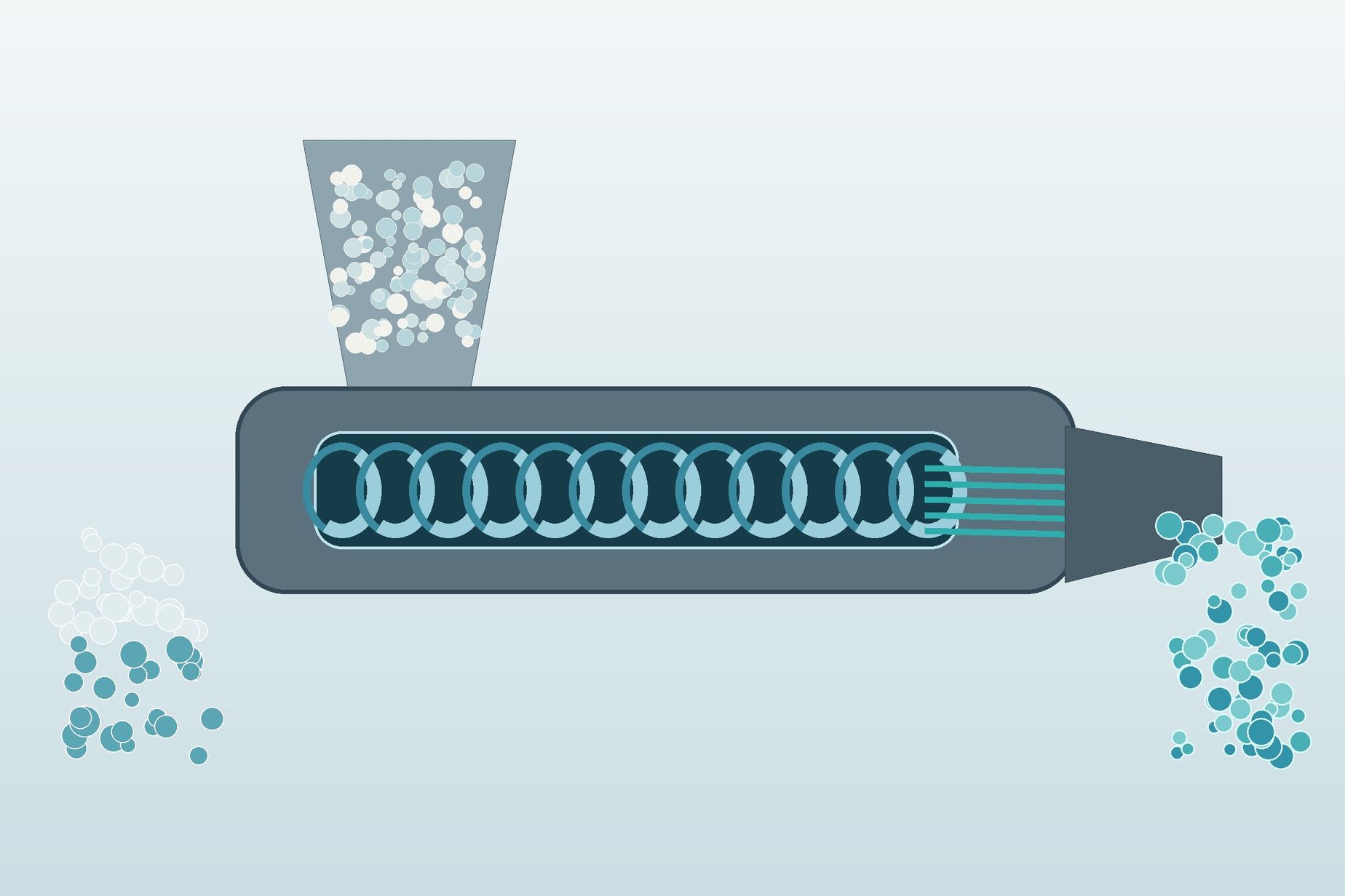 Industrial compounding illustration shows mineral filler and polymer entering an extruder before uniform pellets are formed.