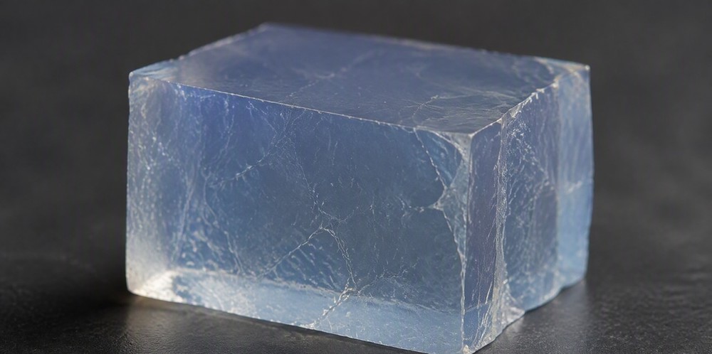 Translucent pale-blue silica gel monolith resting on a dark laboratory surface.