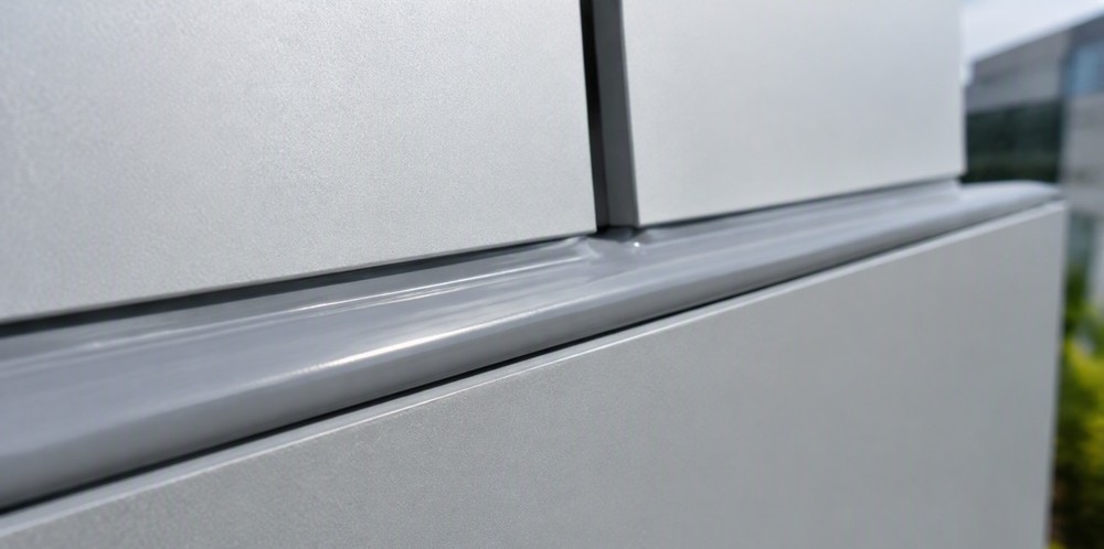 Smooth gray hybrid sealant bead sealing the joint between two facade panels.