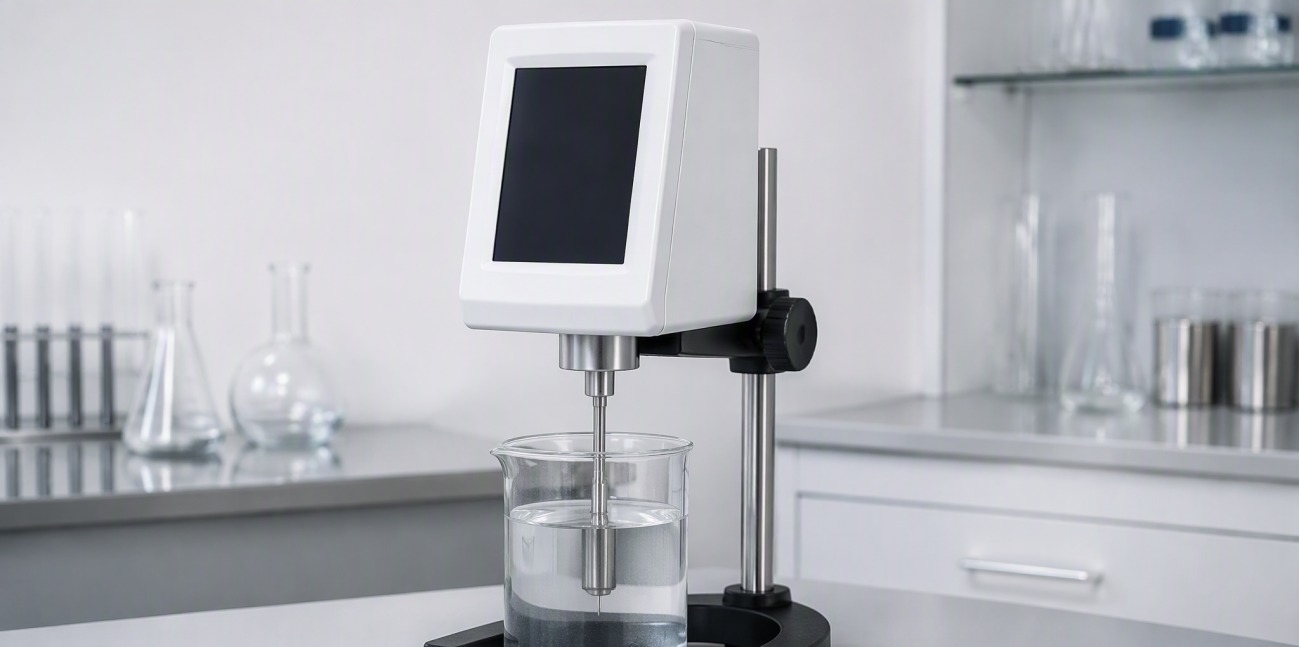 Digital rotational viscometer with spindle immersed in a beaker of clear liquid.