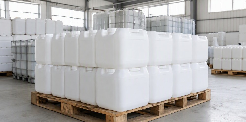 Unlabeled white HDPE jerrycans stacked on pallets in a chemical warehouse.